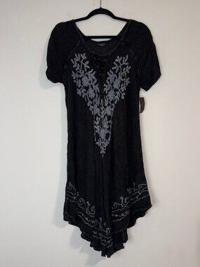NWT Ana & Rose Distressed Floral Embroidered Lace Up Tunic Dress Charcoal Black